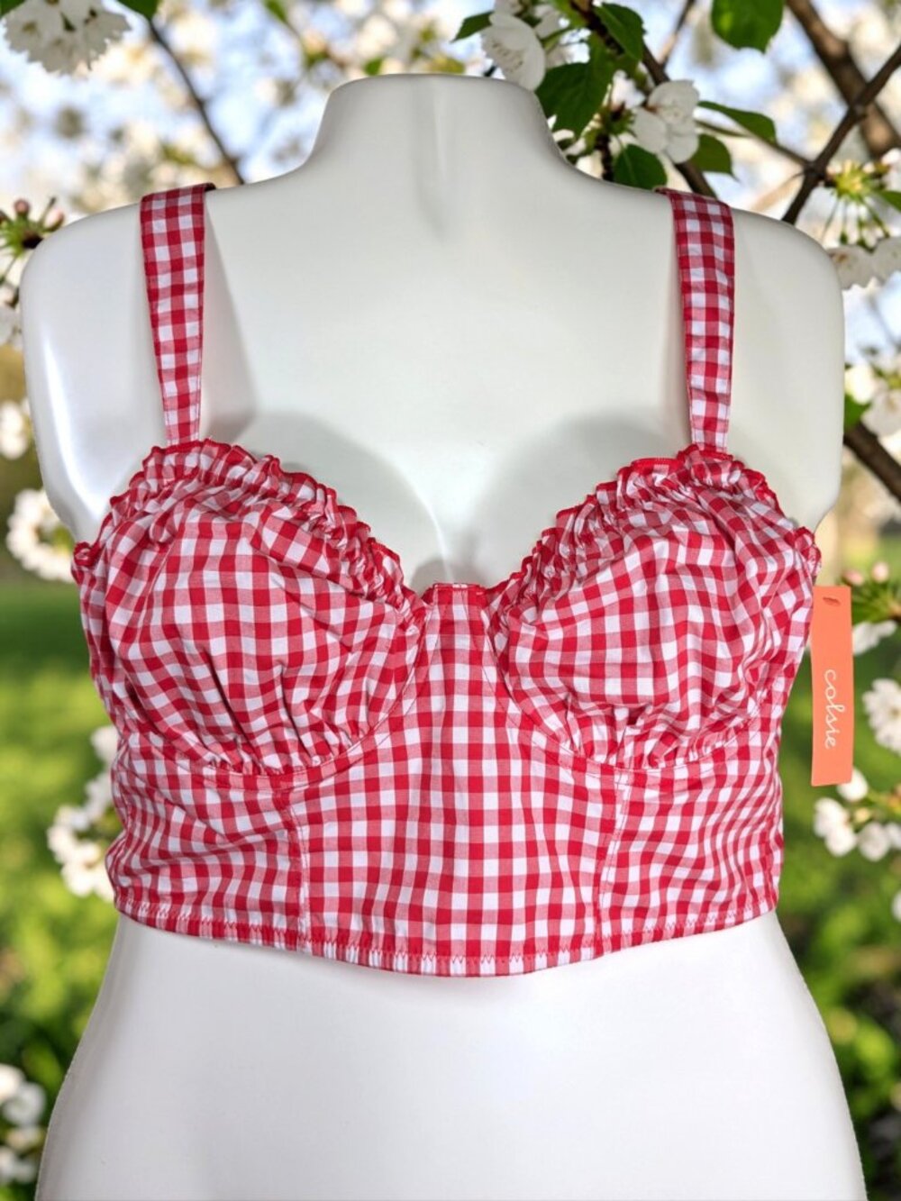 NWT Colsie Red Gingham Ruffle Underwire Bustier Bra Bralette XL 38DD 40D Cottage